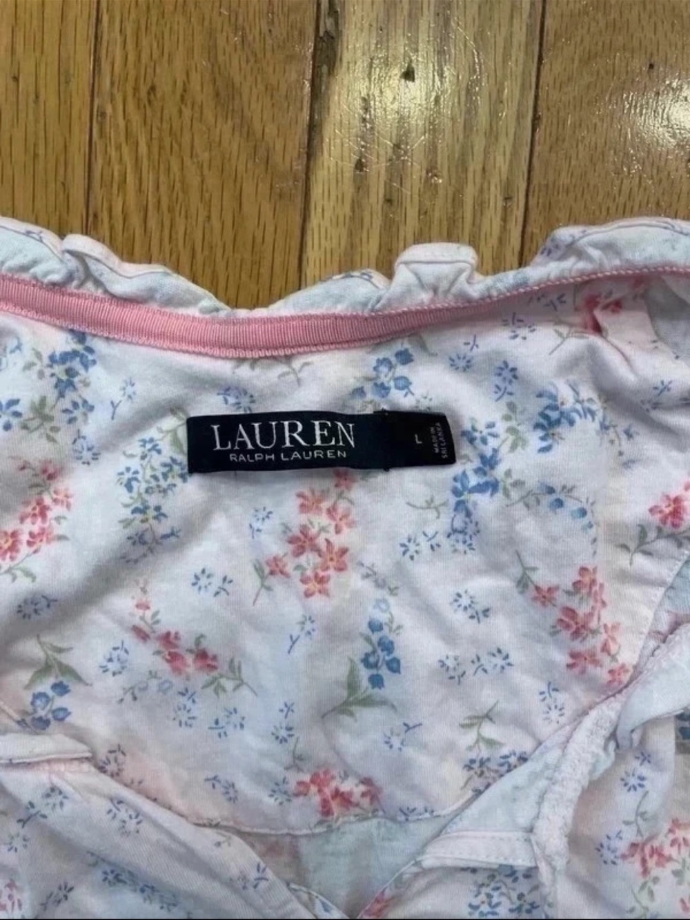 LAUREN Ralph Lauren White Floral Cotton Sleep Top with Pink Trim